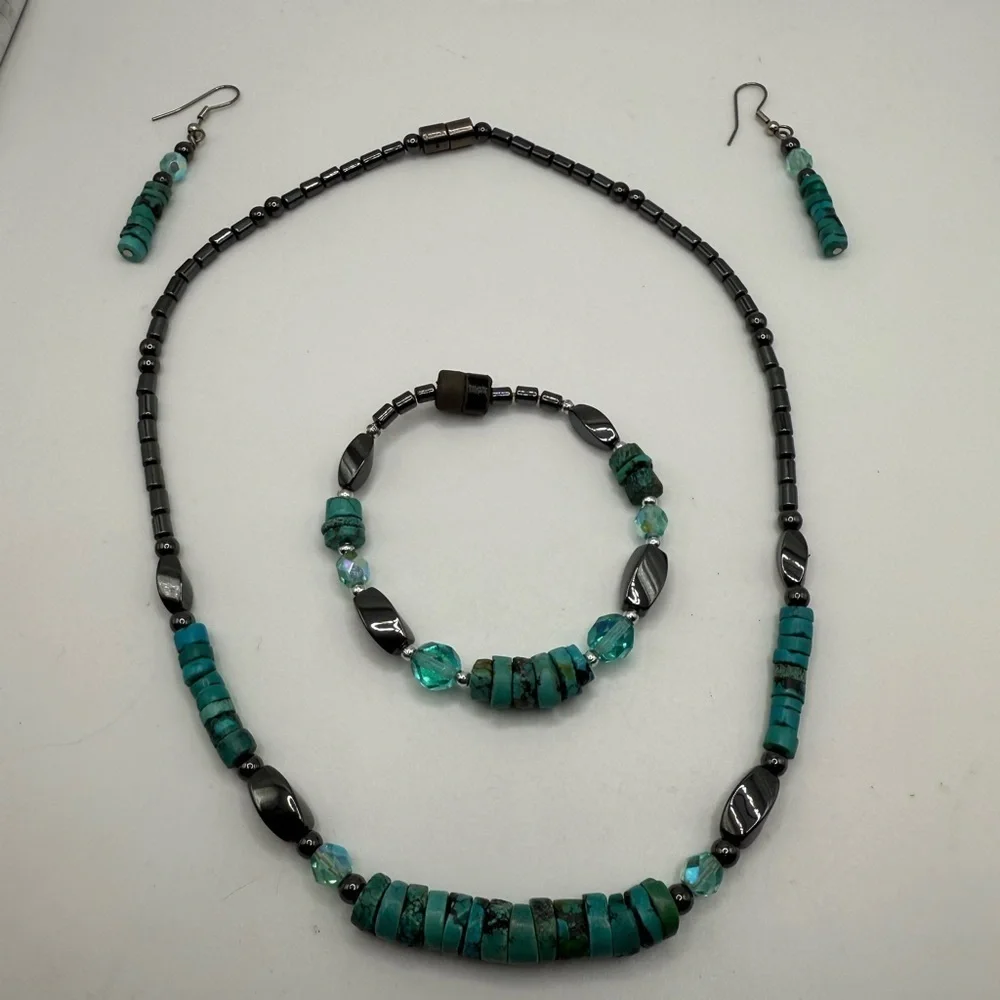 Boho Turquoise & Hematite Magnetic Beaded Jewelry Set –